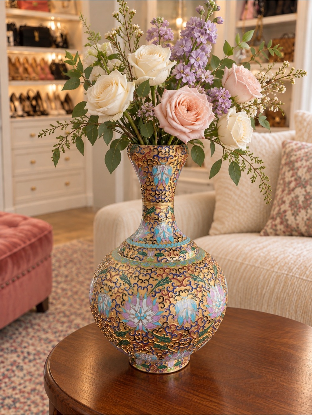 Large Vintage Chinese Cloisonné Enamel & Brass Floral Baluster Vase